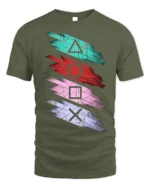 Retro Gamer Symbol Striped Art T-shirt - military green t-shirt on white background