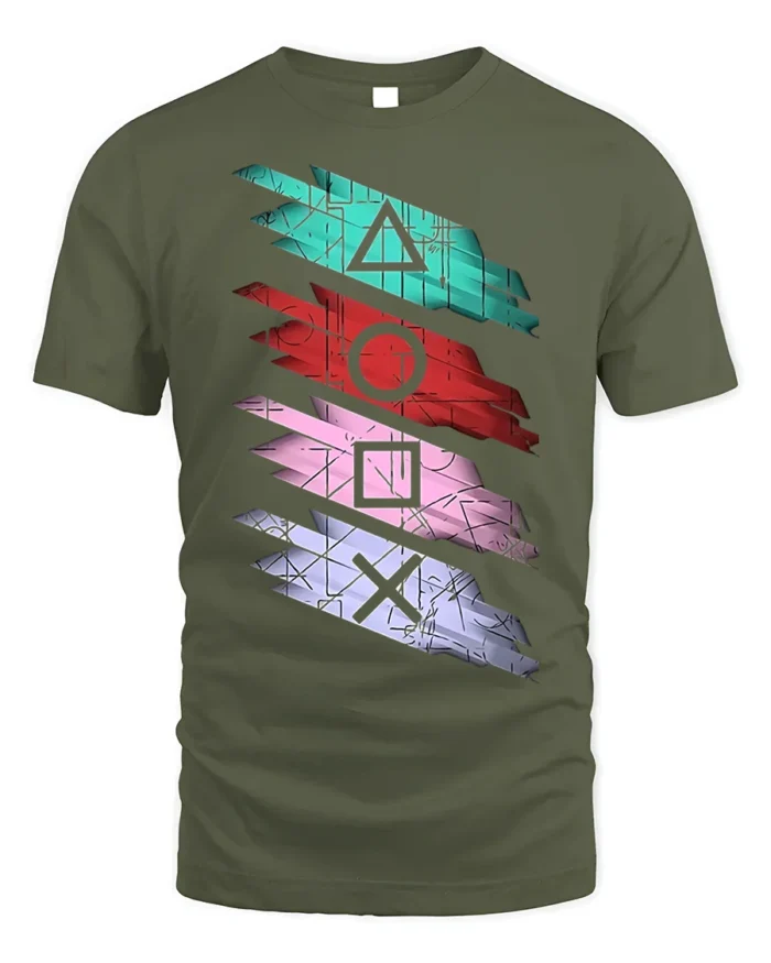 Retro Gamer Symbol Striped Art T-shirt - military green t-shirt on white background