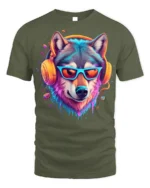 Neon Cool Wolf with Headphones T-shirt - military green t-shirt on white background