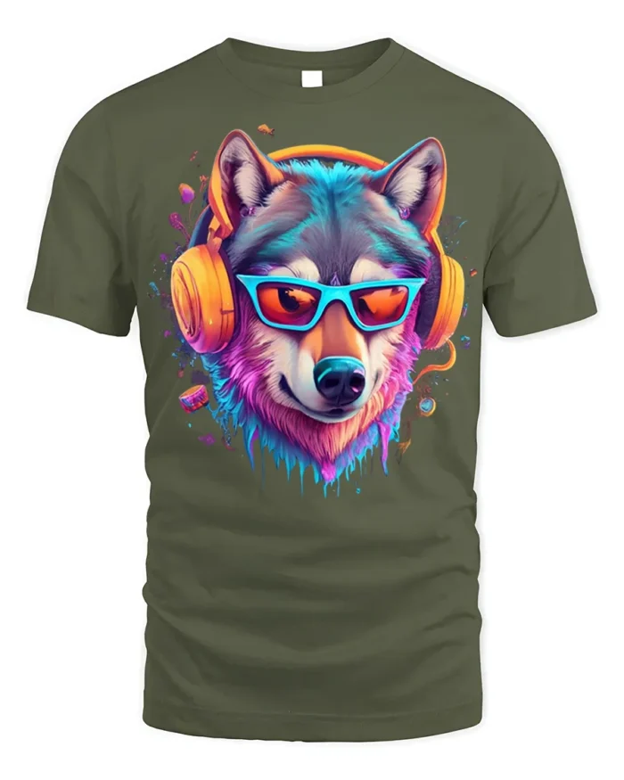 Neon Cool Wolf with Headphones T-shirt - military green t-shirt on white background