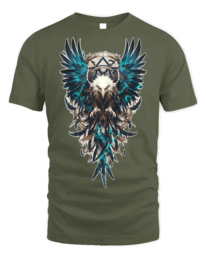 Tribal Warrior Eagle Crest Art T-shirt - military green t-shirt on white background