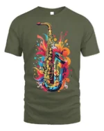 Colorful Jazz Saxophone Art T-shirt - military green t-shirt on white background