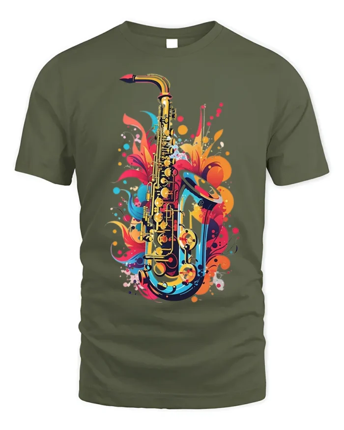 Colorful Jazz Saxophone Art T-shirt - military green t-shirt on white background