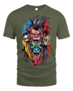 Psycho Demon Skull Fusion Art T-shirt - military green t-shirt on white background