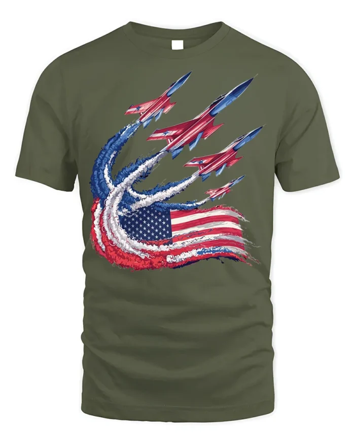Patriotic Fighter Jet Flag Trail T-shirt - military green t-shirt on white background