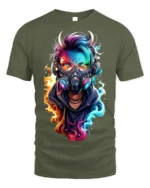 Cyber Demon Mask Neon Flame Art T-shirt - military green t-shirt on white background