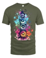 Colorful Sound Speaker Music Art T-shirt - military green t-shirt on white background