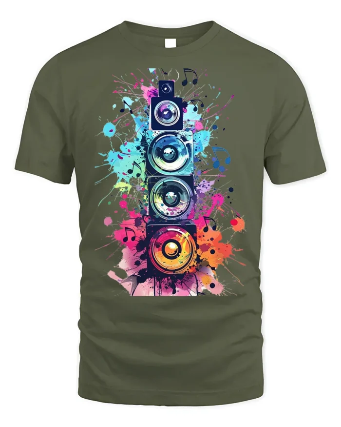 Colorful Sound Speaker Music Art T-shirt - military green t-shirt on white background