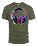 Colorful Headphones Music Wave T-shirt - military green t-shirt on white background