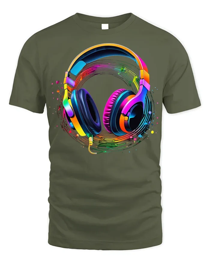 Colorful Headphones Music Wave T-shirt - military green t-shirt on white background