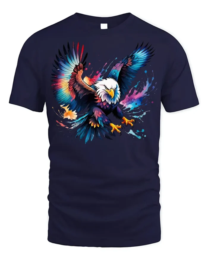 Colorful Bald Eagle Splash Art T-shirt - navy t-shirt on white background