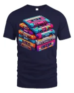 Retro Cassette Tape Stack Art T-shirt - navy t-shirt on white background