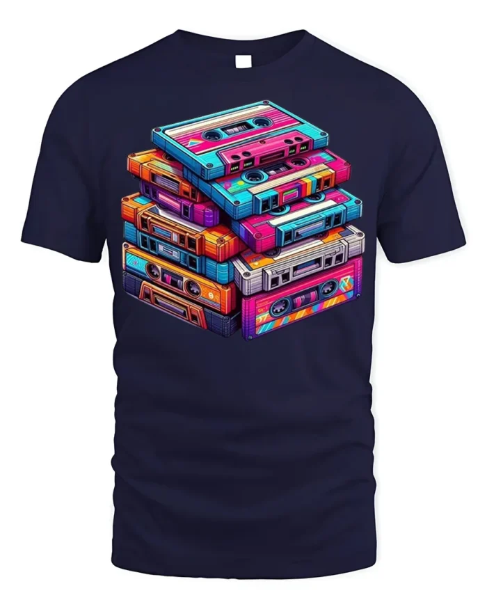 Retro Cassette Tape Stack Art T-shirt - navy t-shirt on white background