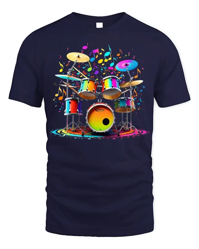 Colorful Drum Set Music Splash T-shirt - navy t-shirt on white background