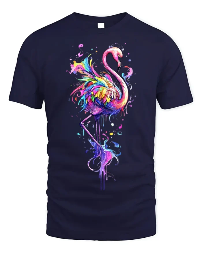Colorful Flamingo Splash Art T-shirt - navy t-shirt on white background