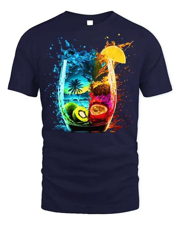Tropical Fruit Splash Cocktail Art T-shirt - navy t-shirt on white background