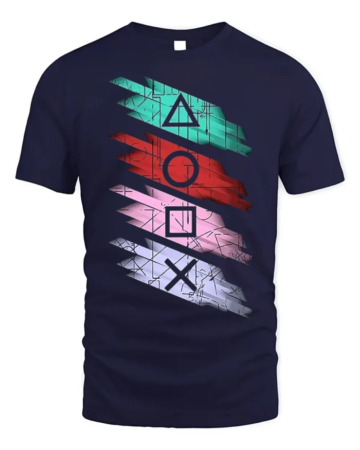 Retro Gamer Symbol Striped Art T-shirt - navy t-shirt on white background