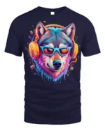 Neon Cool Wolf with Headphones T-shirt - navy t-shirt on white background