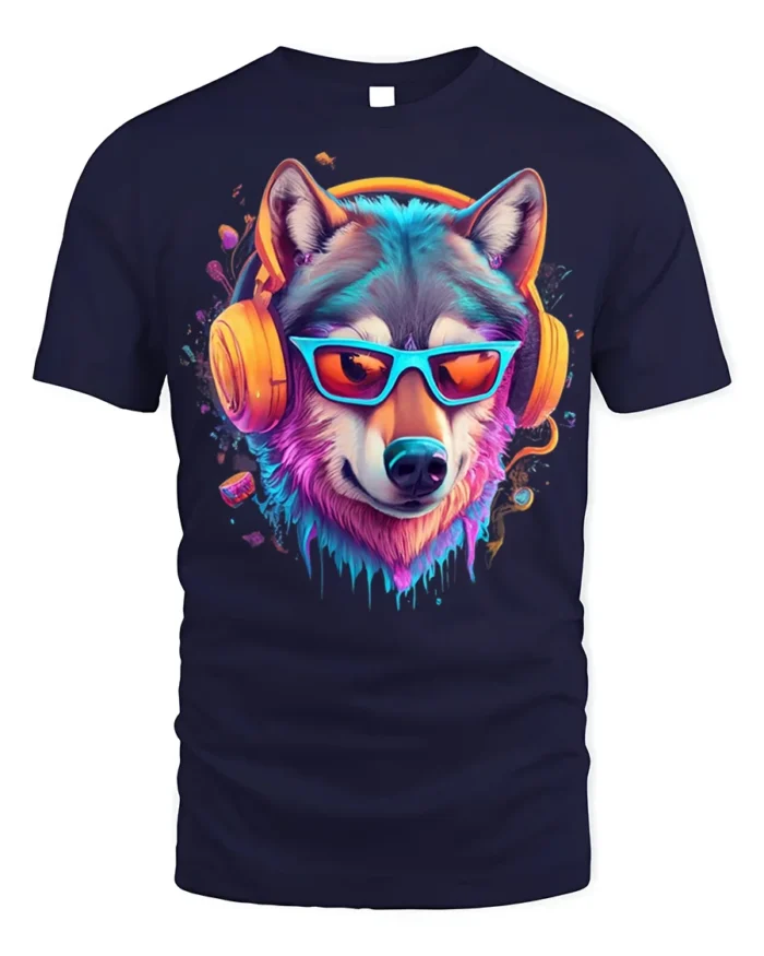 Neon Cool Wolf with Headphones T-shirt - navy t-shirt on white background