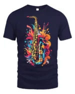 Colorful Jazz Saxophone Art T-shirt - navy t-shirt on white background