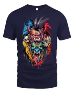 Psycho Demon Skull Fusion Art T-shirt - navy t-shirt on white background