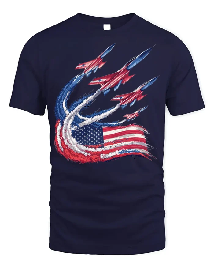 Patriotic Fighter Jet Flag Trail T-shirt - navy t-shirt on white background
