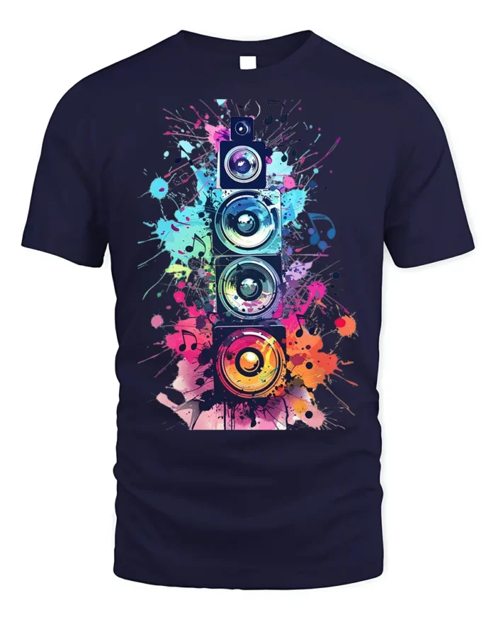 Colorful Sound Speaker Music Art T-shirt - navy t-shirt on white background