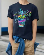 Colorful Drink Moments Neon Art T-shirt - model wearing navy shirt, hands in pockets