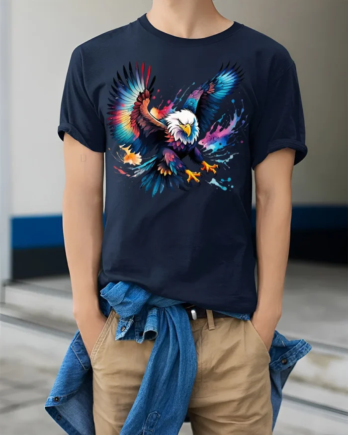 Colorful Bald Eagle Splash Art T-shirt - model wearing navy shirt, hands in pockets