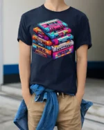 Retro Cassette Tape Stack Art T-shirt - model wearing navy shirt, hands in pockets