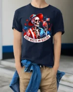 Red White Boujee Skeleton Party T-shirt - model wearing navy shirt, hands in pockets