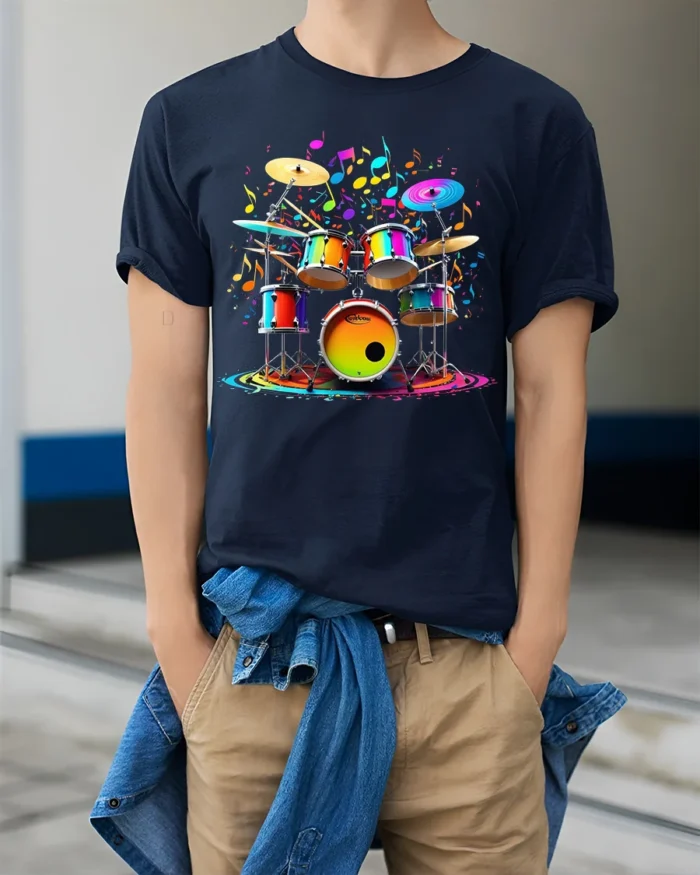 Colorful Drum Set Music Splash T-shirt - model wearing navy shirt, hands in pockets