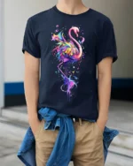 Colorful Flamingo Splash Art T-shirt - model wearing navy shirt, hands in pockets