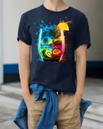 Tropical Fruit Splash Cocktail Art T-shirt - model wearing navy shirt, hands in pockets