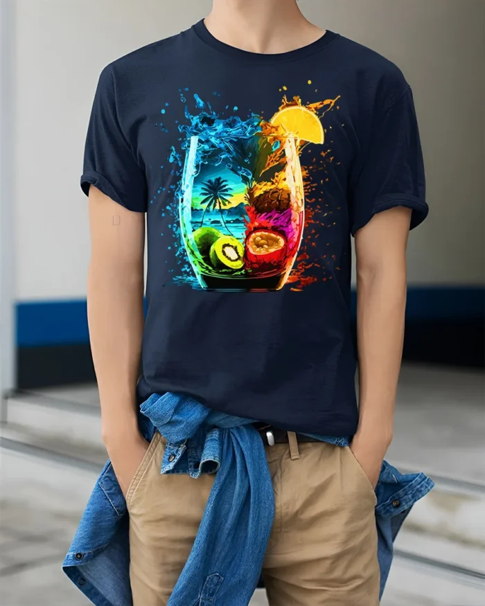 Tropical Fruit Splash Cocktail Art T-shirt - model wearing navy shirt, hands in pockets