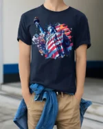 Statue of Liberty American Flag T-shirt - model wearing navy shirt, hands in pockets