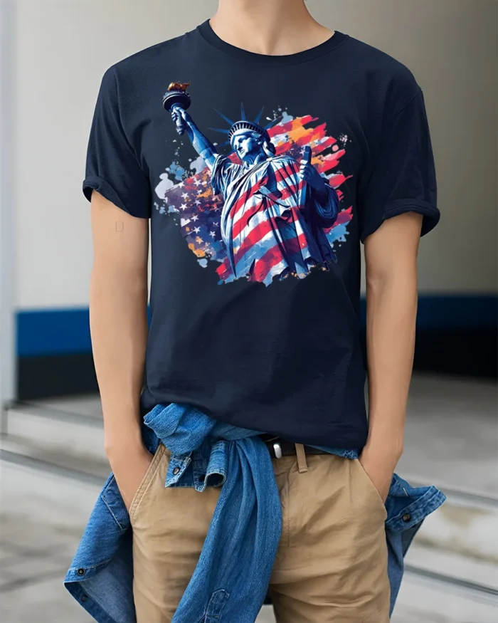 Statue of Liberty American Flag T-shirt - model wearing navy shirt, hands in pockets