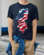 American Flag Watercolor Splash T-shirt - model wearing navy shirt, hands in pockets