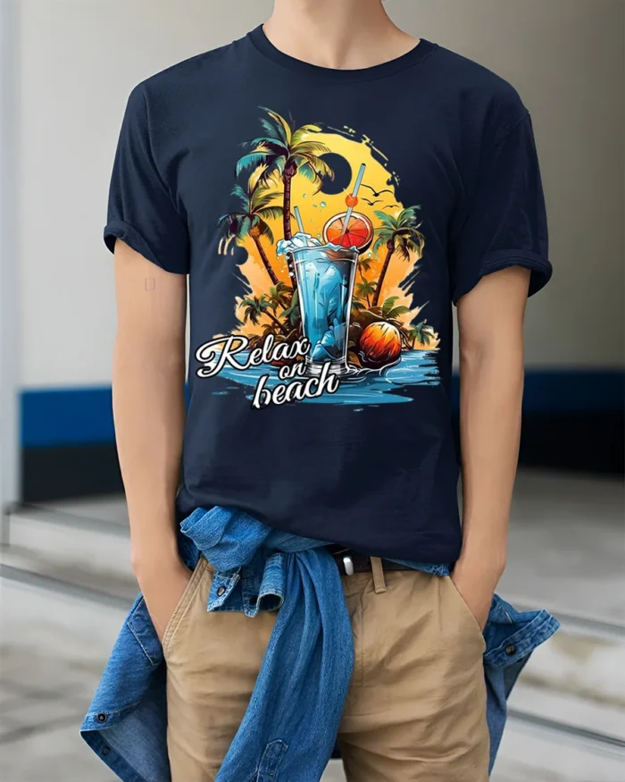 Tropical Beach Relaxation Sunset T-shirt - model wearing navy shirt, hands in pockets