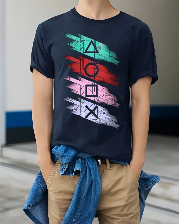 Retro Gamer Symbol Striped Art T-shirt - model wearing navy shirt, hands in pockets