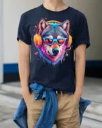Neon Cool Wolf with Headphones T-shirt - model wearing navy shirt, hands in pockets