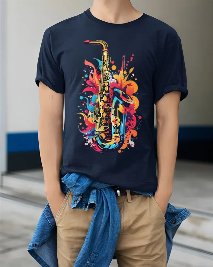 Colorful Jazz Saxophone Art T-shirt - model wearing navy shirt, hands in pockets