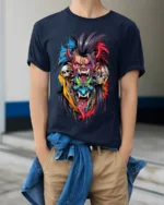 Psycho Demon Skull Fusion Art T-shirt - model wearing navy shirt, hands in pockets
