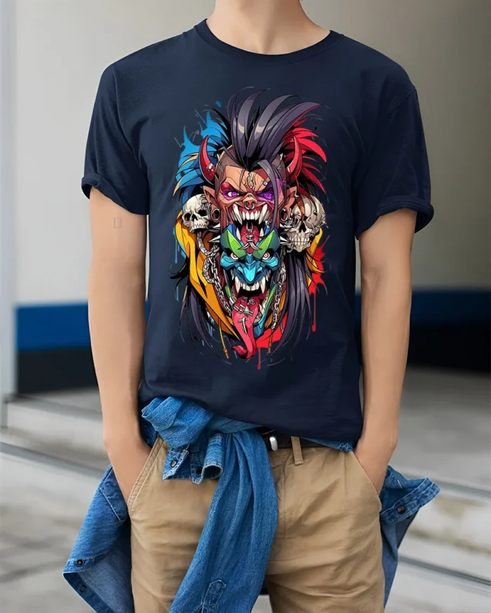 Psycho Demon Skull Fusion Art T-shirt - model wearing navy shirt, hands in pockets