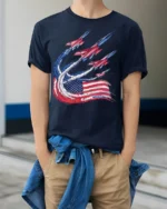 Patriotic Fighter Jet Flag Trail T-shirt - model wearing navy shirt, hands in pockets