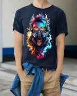Cyber Demon Mask Neon Flame Art T-shirt - model wearing navy shirt, hands in pockets
