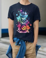 Colorful Sound Speaker Music Art T-shirt - model wearing navy shirt, hands in pockets