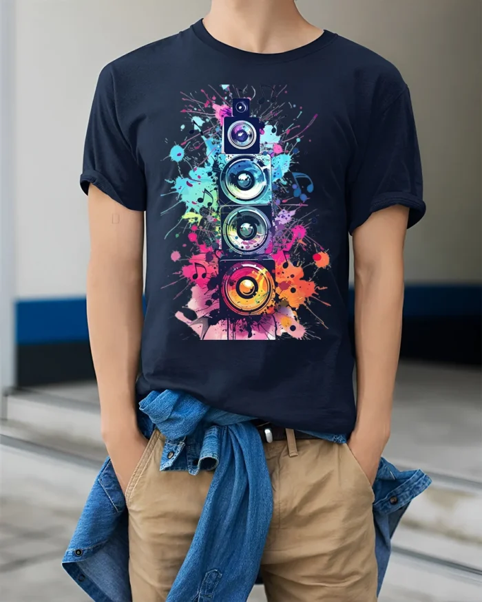 Colorful Sound Speaker Music Art T-shirt - model wearing navy shirt, hands in pockets