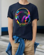 Colorful Headphones Music Wave T-shirt - model wearing navy shirt, hands in pockets