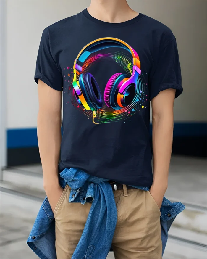 Colorful Headphones Music Wave T-shirt - model wearing navy shirt, hands in pockets